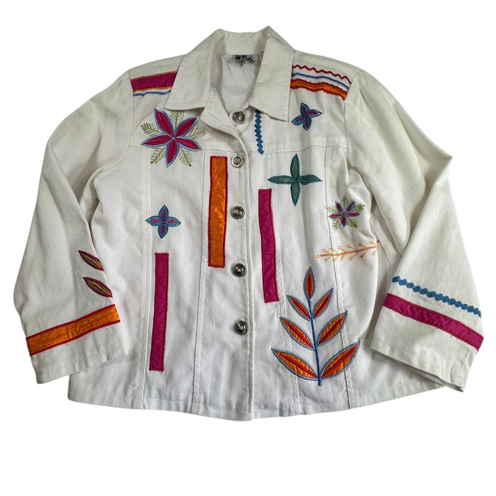 Variations White Embroidered Denim Jacket Womens Large Floral‎ Applique Buttons - Picture 14 of 15